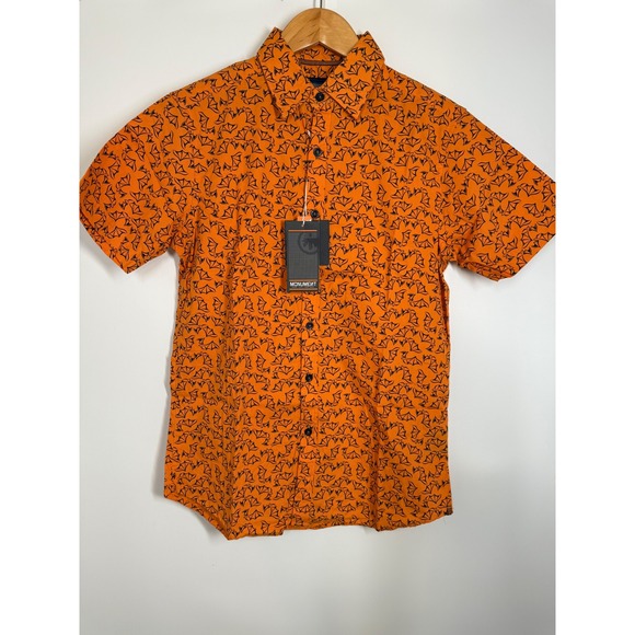 NWT Monument Halloween Orange Bat Print Short Sleeve Button Up Shirt Mens Size S - Picture 1 of 7